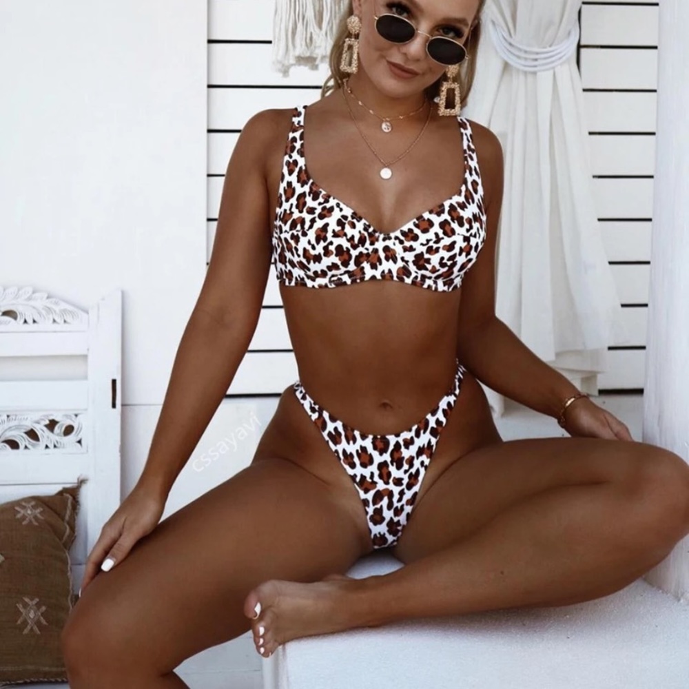 White cheetah print underwire animal cheeky bikini